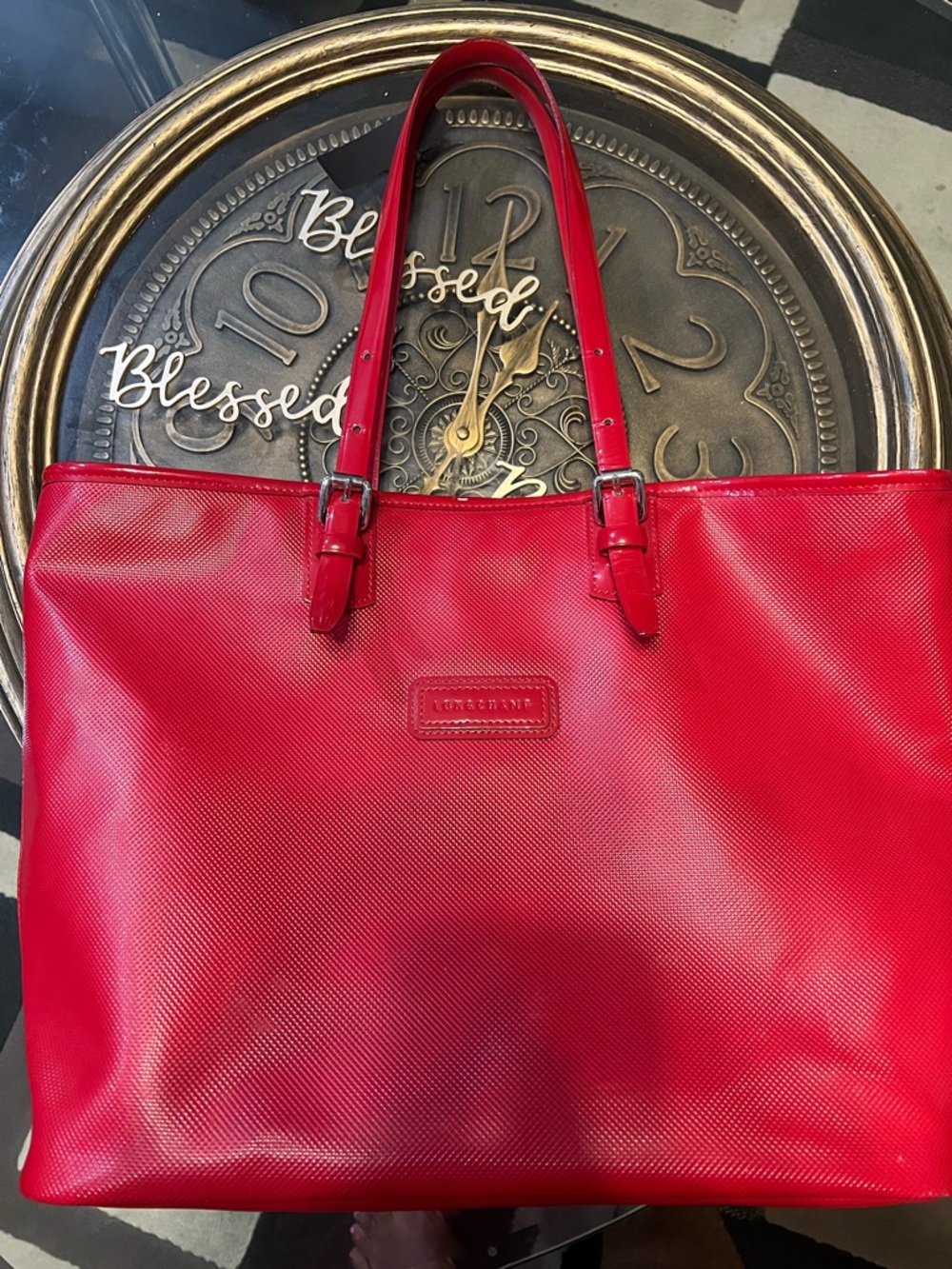 Longchamp Red Textured Leather Tote